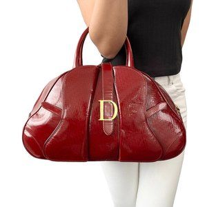 Christian Dior Vintage Trotter Monogram Double Saddle Bag Red Patent  [101605]